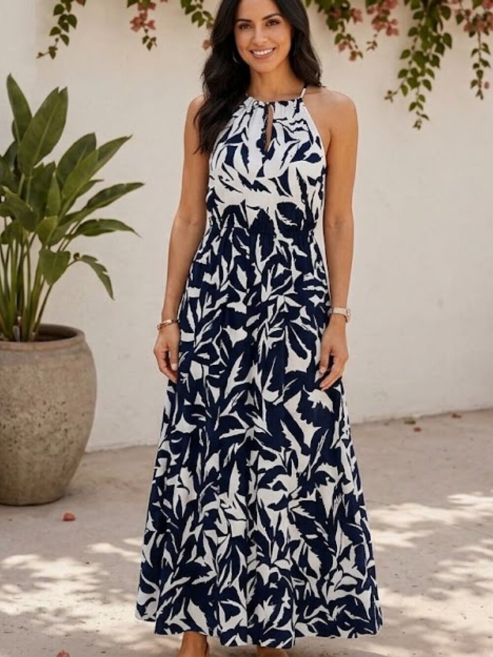 Tommy Bahama Leaf Print Maxi Dress | Navy White Sleeveless Halter Sundress XST